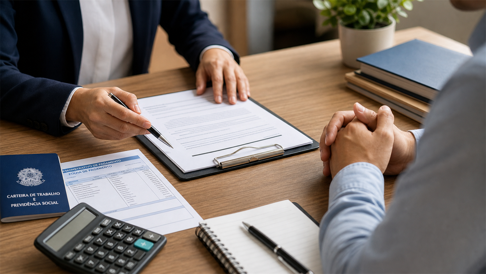 Atendimento financeiro com análise digital de contrato, gráficos e folha de pagamento