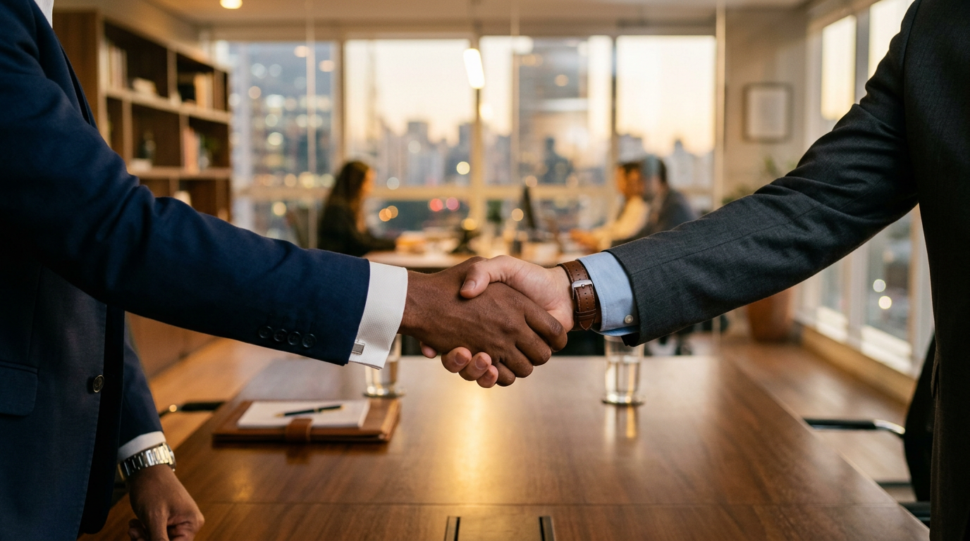 Aperto de mãos em ambiente corporativo, transmitindo confiança em serviços financeiros
