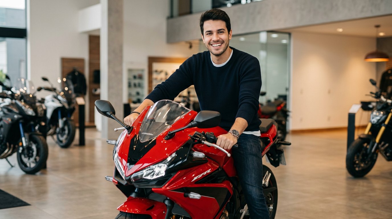 Pessoa recebendo uma motocicleta nova