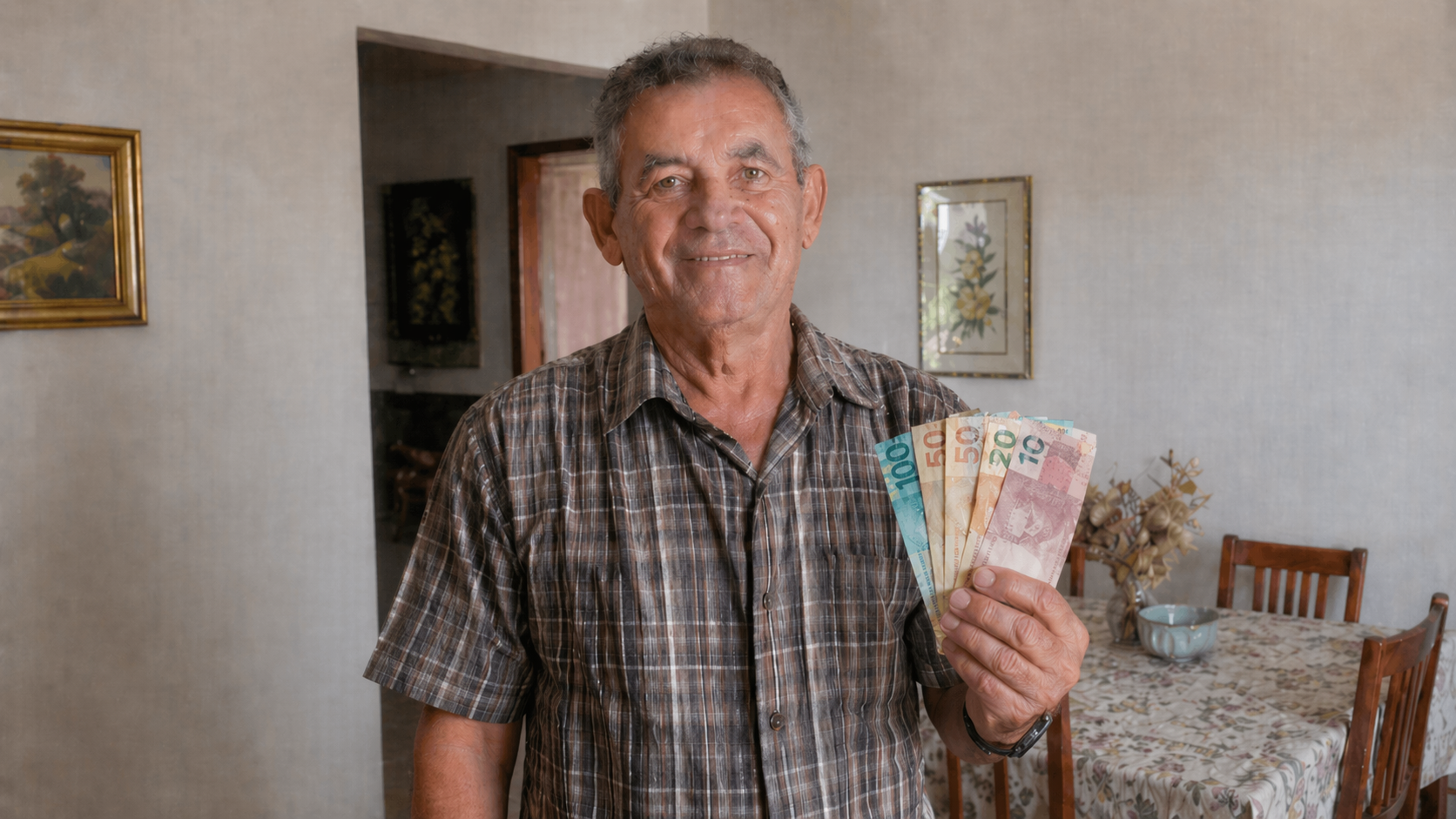 Senhor sorrindo segurando notas de real em casa